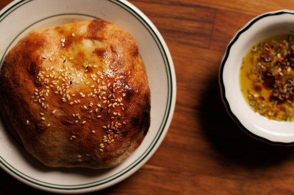 Puffy Turkish bread, pulled straight from the wood-fired oven and served with spice-flecked oil.