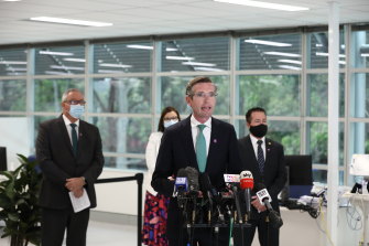 Premier Dominic Perrottet, Deputy Premier Paul Toole, Health Minister Brad Hazzard and Minister for Education Sarah Mitchell announce changes to the COVID-19 reopening roadmap. 