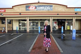 Liberal candidate for Swan Kristy McSweeney outside the IGA she used to hang around at growing up.