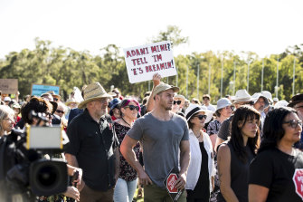 Rugby player David Pocock at a Stop Adani Coal Mine protest on the lawns of Parliament House in 2019.