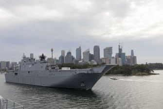 HMAS Adelaide on its way to Brisbane to be loaded with emergency supplies to take to Tonga.