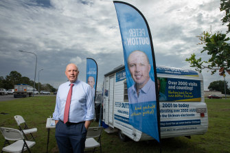 Defence Minister Peter Dutton at his mobile office in his Brisbane electorate of Dickson last month.
