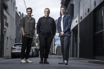 Linktree Cofounders Anthony Zaccaria (Green shirt), Alex Zaccaria (in black) and Nick Humphreys (blue cheque shirt) in Collingwood 