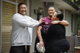 Latu Fainu with parents Lile and Chris at their home on the northern beaches.