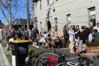 About 40 people gathered on the street in Ascot Vale on Sunday. 