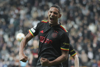 Sebastien Haller celebrates the second of his two second-half goals for Ajax in Istanbul.