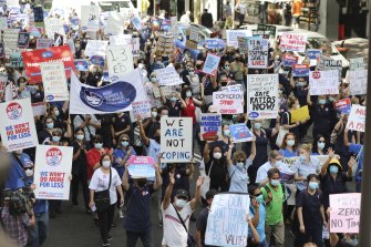 Thousands of nurses marched in Sydney’s CBD on Tuesday to demand the implementation of staff-to-patient ratios in the state’s hospitals.