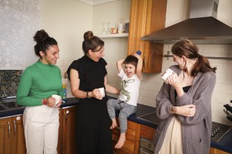 Jessica Seen, a Sydney client of 99aupairs, with son Charlie, 3. Her new au pair Giulia Spinelli (green top) is from overseas and her departing au pair Madeline Warr is from Australia, and will take up another placement in Melbourne.