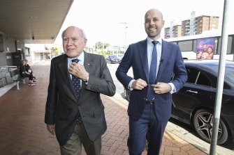 Liberal candidate for Bennelong Simon Kennedy on the campaign trail with former prime minister John Howard.