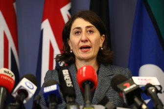 Gladys Berejiklian announcing her resignation to the media on October 1. She denies all wrongdoing.