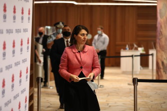 NSW Premier Gladys Berejiklian arriving for today’s press conference. 