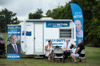 Peter Dutton, who is central to the Coalition’s hopes for another term, meets locals in April as he campaigns to retain his marginal north Brisbane seat.