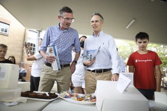 NSW Premier Perrottet and Willoughby candidate Tim James at Cammeray Public School on Saturday.