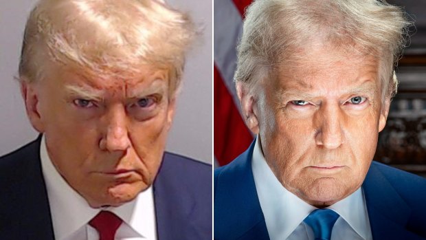 Donald Trump arrest mugshot and new White House portrait.