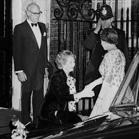Prime Minister Margaret Thatcher welcomes the Queen to 10 Downing Street in 1985.