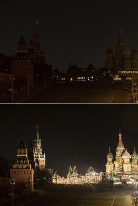 Before and after: The Kremlin and Red Square in Moscow turn out the lights for Earth Hour. 