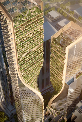 The twisting terraced tower on the BMW site would become Australia's tallest building at 365 metres.
