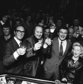 An unofficial Labor victory celebration in 1974 at the R.J. Hawke Hotel in Brunswick. 
