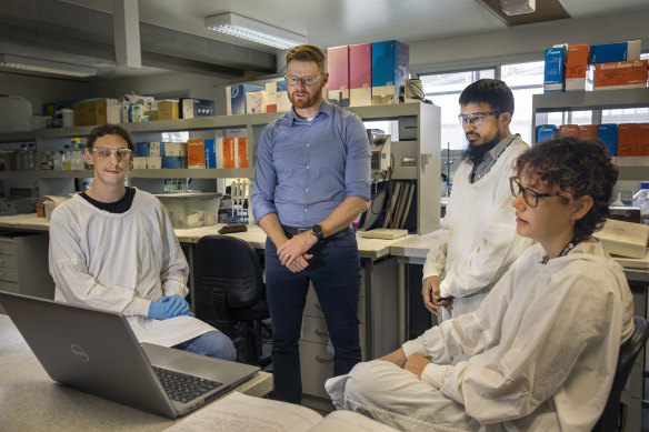 Matt Dun with, from left to right, researchers Dr Zac Germon, Dr Abdul Mannan and Holly McEwen.