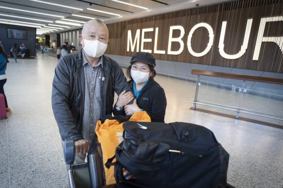 Louis Wong and wife Winnie So-Wong at Melbourne Airport on Thursday.