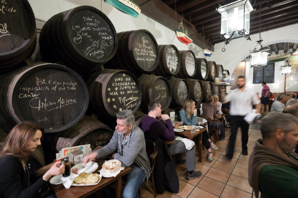 The temple of tapas,  El Pimpi, Malaga, Costa del Sol, Andalucia. 
