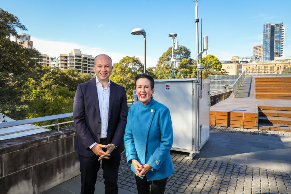 Environment Minister Matt Kean and Sydney lord mayor Clover Moore at the pollution monitoring site.