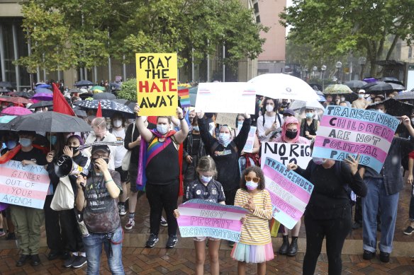 Children among the protesters against the Religious Discrimination Bill in Sydney.