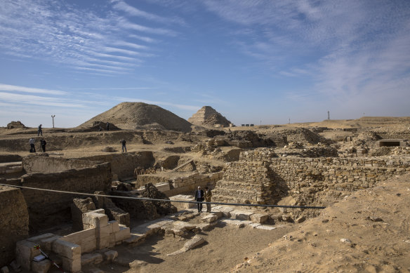 The excavation site where Egyptian archaeologist Zahi Hawass and his team unearthed a trove of ancient coffins, artifacts and skulls in a vast necropolis in Saqqara, south of Cairo,