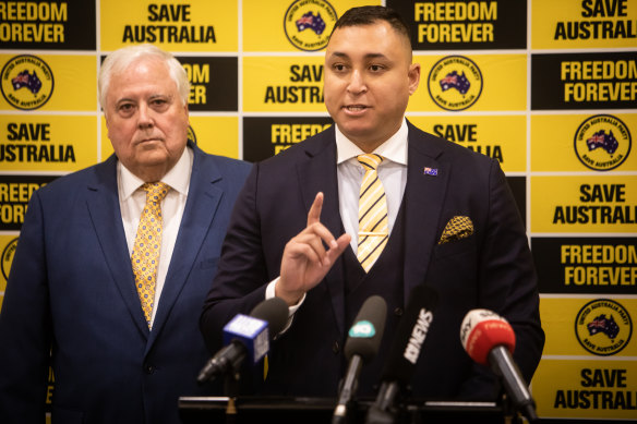 Mining magnate Clive Palmer with Victorian senator Ralph Babet. The two men lost their court bid to have an “X” count as a “No” vote in the Voice referendum.