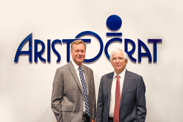 Aristocrat CEO Trevor Croker and chairman Neil Chatfield before the AGM in Sydney.