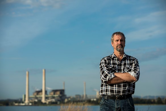 Gerard Spinks in front of the aging Bayswater and Liddell power stations in 2020. 