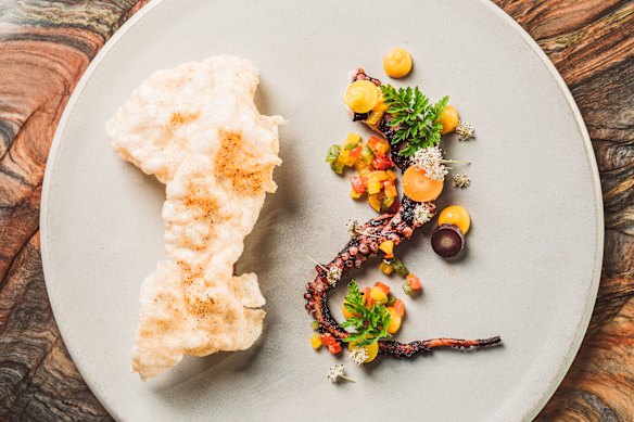 Barbecued octopus, chorizo, carrot koji and fermented jalapeno at Auckland’s Ahi restaurant.