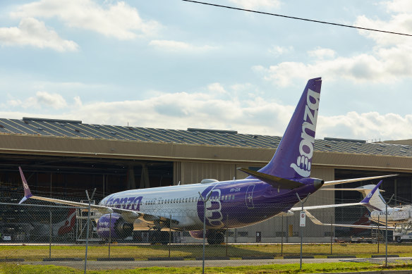 One of Bonza’s grounded Boeing 737 Max-8 aircraft on May 1. 