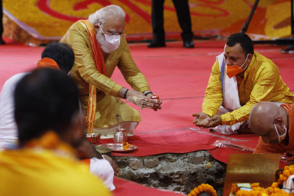 Indian Prime Minister Narendra Modi performs the groundbreaking ceremony of a temple dedicated to the Hindu god Ram, in Ayodhya, India.