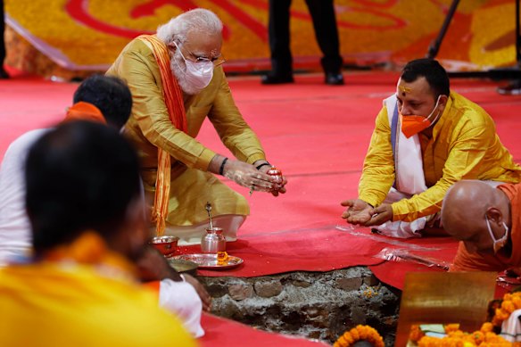 Indian Prime Minister Narendra Modi performs the groundbreaking ceremony of a temple dedicated to the Hindu god Ram, in Ayodhya, India.