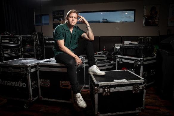 Singer Conrad Sewell backstage before a performance on the Gold Coast ahead of his appearance  at the Fire Fight Australia concert in Sydney on Sunday.