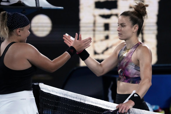 Maria Sakkari, right, is congratulated by Diana Shnaider after their match.