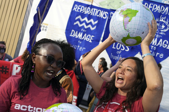 Demonstrators demand pay for loss and damage at the COP27 UN Climate Summit in Sharm el-Sheikh, Egypt.