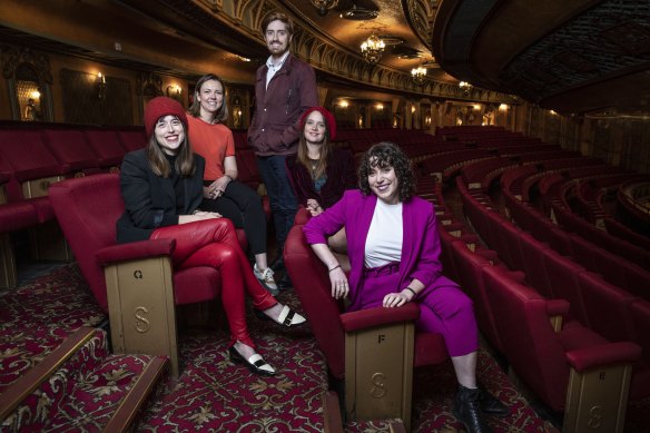 The team behind the rental market comedy Evicted: A Modern Romance, from left, actor Amanda Maple-Brown, producer Sophie Saville,  writer-director Rowan Devereux and actors Rose Haining and Clare Cavanagh at the State Theatre ahead of the world premiere at Sydney Film Festival.