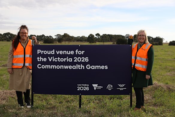 Development Victoria team members at the site of a slated Geelong Commo<em></em>nwealth Games venue in May 2023.