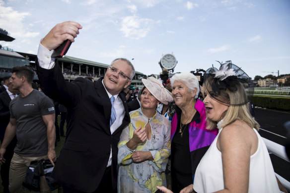Prime Minister Scott Morrison and wife Jenny with Dawn Fraser at  Randwick Racecourse in 2019. 