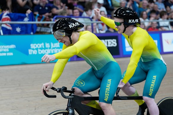 Kane Perris and Luke Zaccaria of Australia celebrate after competing in the men’s tandem B sprint finals.