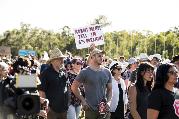 David Pocock at a Stop Adani Coal Mine protest on the lawns at Parliament House in 2019.
