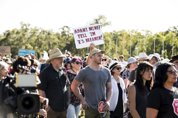 Rugby player David Pocock at a Stop Adani Coal Mine protest on the lawns at Parliament House in 2019.