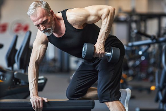 A bent over row strengthens the upper back muscles that help pull the shoulders back and support the spine.