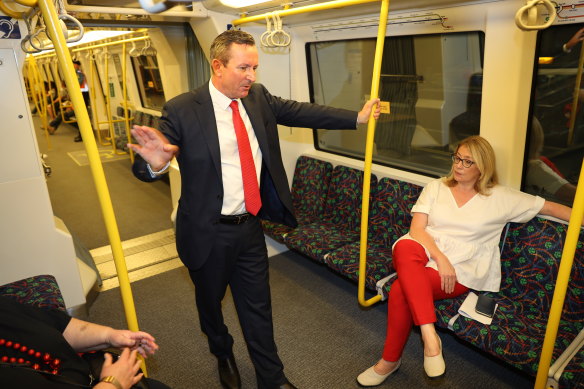 WA Premier Mark McGowan and Transport Minister Rita Saffioti on a Transperth train. 