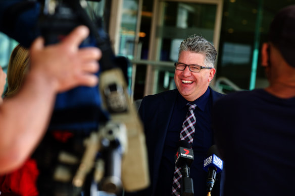 A happy Tom O’Connor, chief executive of Warrnambool Racing Club, talks to the media.