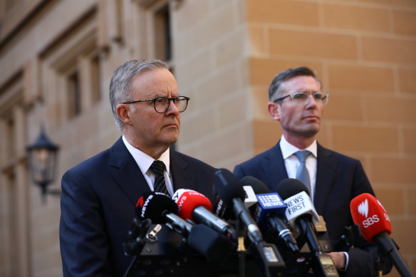 Prime Minister Anthony Albanese addressing the media with NSW Premier Dominic Perrottet. 