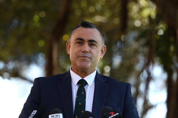 NSW Deputy Premier John Barilaro addressing the media on Monday. 