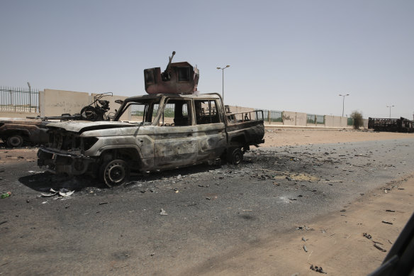 A destroyed military vehicle in the south of the Sudanese capital, Khartoum, on Thursday.